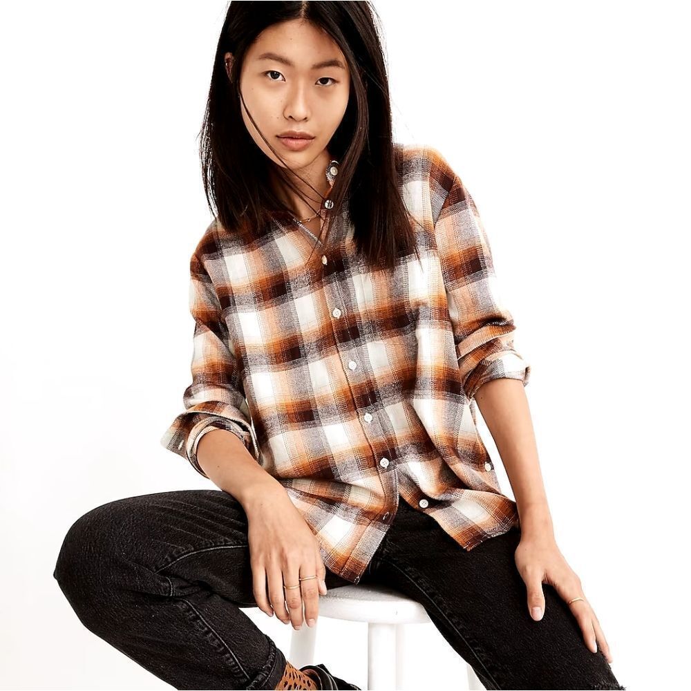Madewell Flannel Side-Button Ex-Boyfriend Shirt Bickett Plaid Women's Sz XS EUC